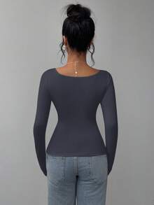 SHEIN BASICS Women's Casual Solid Color Knitted Fitted Long Sleeve Crew Neck Regular T-Shirt Playera Manga Larga Damawhite Top Long Sleevebasic Long Sleeve Tops - Dark Grey - View 6