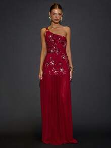 SHEIN BAE Váy dự tiệc cocktail mùa thu/đông thêu vai lệch vai đính sequin trang trí, váy thanh lịch, hẹn hò lãng mạn, tiệc tùng, tụ họp trang trọng, váy dự tiệc đêm, váy dự tiệc cưới, váy Halloween, váy Giáng sinh - Màu Đỏ Sâu - Xem 1