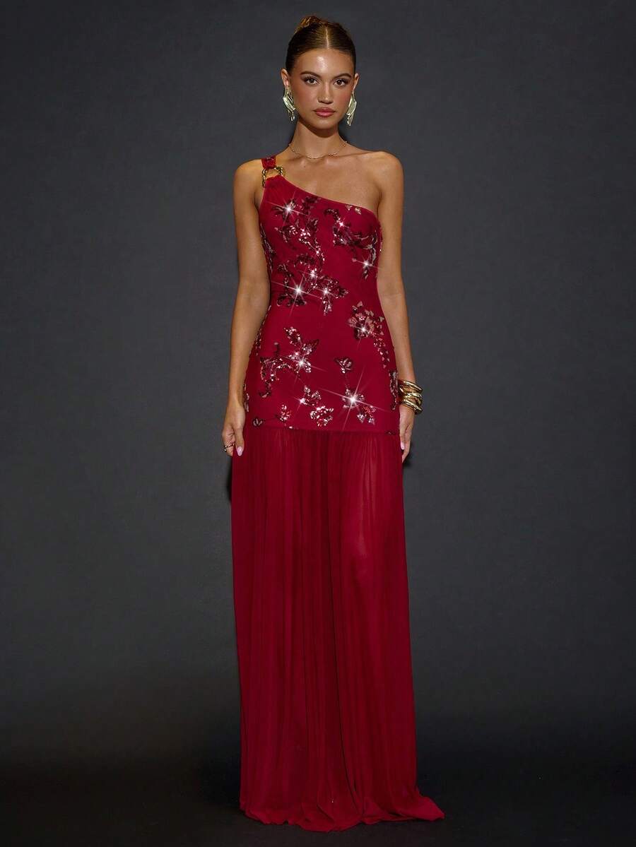 SHEIN BAE Váy dự tiệc cocktail mùa thu/đông thêu vai lệch vai đính sequin trang trí, váy thanh lịch, hẹn hò lãng mạn, tiệc tùng, tụ họp trang trọng, váy dự tiệc đêm, váy dự tiệc cưới, váy Halloween, váy Giáng sinh - Màu Đỏ Sâu - Xem 1