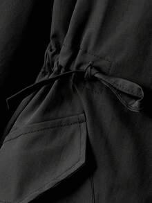 少女束腰连帽中长款轻便夹克，适合秋季日常穿着 - 黑色 - 查看 3