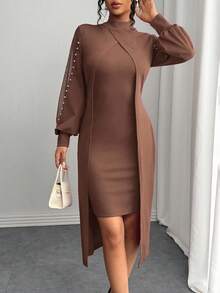 SHEIN Clasi 女式优雅圆领网眼拼接泡泡装饰长袖连衣裙超长款女装 - 棕色 - 查看 4