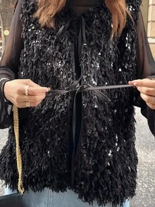 FRIFUL 女士宽松亮片背心，常规外套，感恩节 - 黑色 - 查看 6