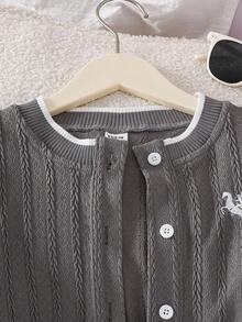 Genkimix Kids Áo khoác nữ cổ tay kẻ sọc thêu nút bện vải dệt kim họa tiết thường ngày - Xám - Xem 5