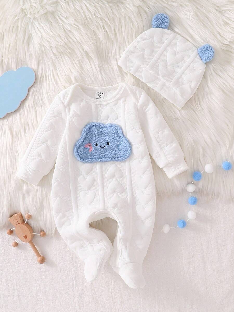2 件新生儿可爱熊印花长袖连体衣和帽子套装，简约时尚睡衣 - 白色 - 查看 1