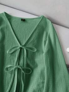 SHEIN LUNE 女士休闲纯色系带喇叭袖上衣 绿色毛衣 绿色开衫 绿色长袖上衣 绿色衬衫 田园风服装，休闲 - 綠色 - 查看 3