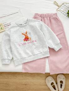 Genkimix Kids Genkimix Young Girl Girls Light Gray Sweatshirt And Pink Corduroy Loose Pants 2-Piece Set, Rabbit Print Design, Cute And Fun Style, Sweetly Casual And Comfortable, Soft Fabric, Suitable For Autumn, Winter, Spring, Suitable For Outings, School, And Casual Daily Wear - Light Grey - View 6