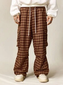 ROMWE MEN Street Life Men's Prep Casual Drawstring Waist Pockets Plaid Print Pants, For Fall - smoke gray - View 3