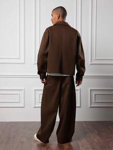 SUMWON مجموعة قميص كبير مربع مع طوق وبنطال ساق واسعة، طراز الشارع الكاجوال للخريف والشتاء، موضة معاصرة بقصة فضفاضة من قطعتين - بني - مشاهدة 2