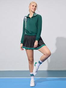 CourtClass Women's Striped Polo Collar Raglan Sleeve Sporty Sweatshirt - Dark Green - View 7