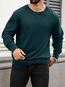 Manfinity Homme Plus Size Men's Casual Solid Color Crew Neck Sweater, Autumn/Winter