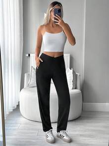 SHEIN Tall Tall Size Solid Color Joggers With Slanted Pockets And Elastic Cuffs - Black - View 4