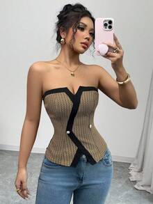 Elenzga 女式优雅格纹撞色滚边修身抹胸，夏季 - 卡其色 - 查看 7