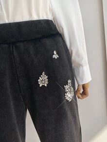 SHEIN LUNE 大码女装秋冬黑色高腰闪亮钻石装饰裤弹力面料派对圣诞长裤哥特式女装舒适透气裤 - 黑色 - 查看 5