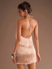 Glamine Women's Solid Color Multi-Layer Fringe Elegant Backless Party Dress, Autumn Women's Wear, Holiday Costume, Halloween Costume, Women's Party Essential, Christmas