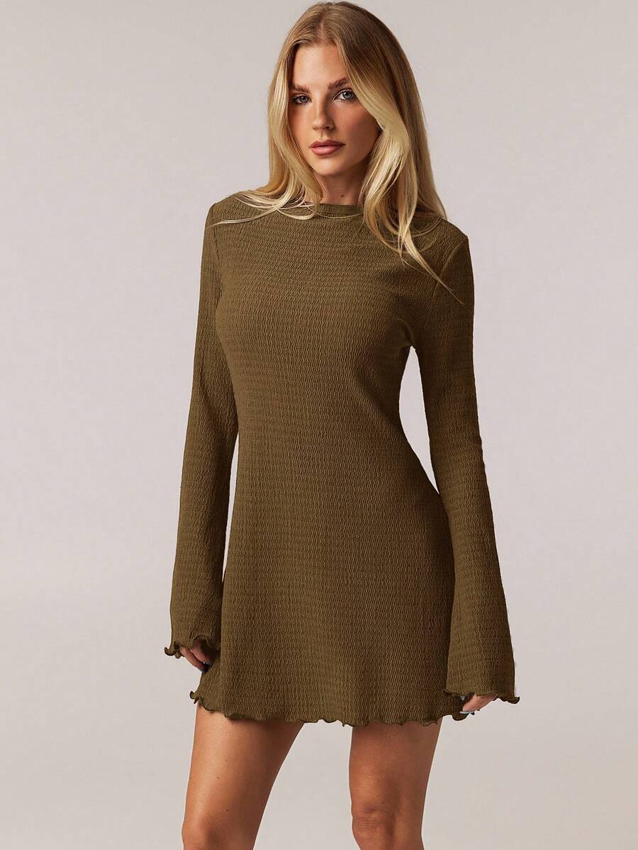 SHEIN Forever 21 1 件女士休闲纯色优雅喇叭袖连衣裙,春夏 - 咖啡棕 - 查看 1