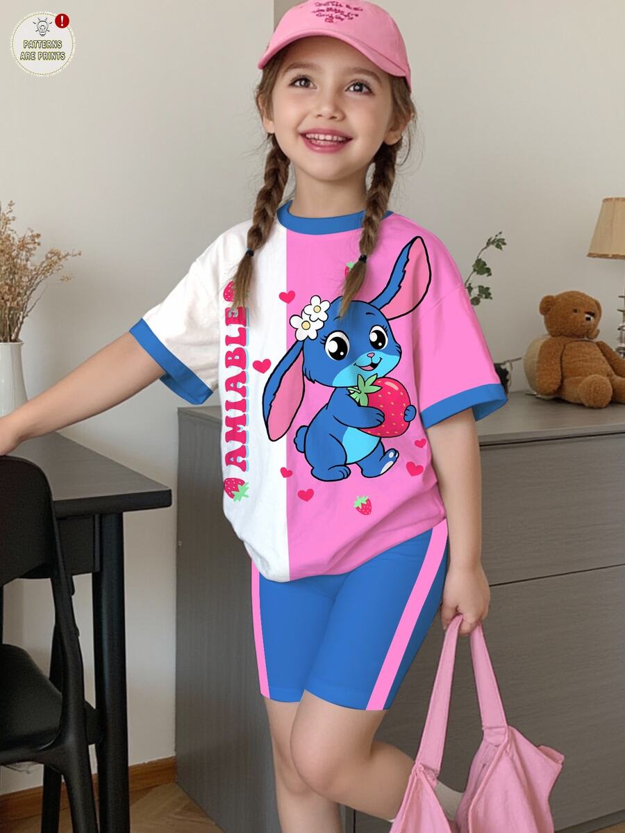 SHEIN Bộ 2 món/Bộ đồ bé gái thường ngày dễ thương họa tiết thỏ nơ xanh, họa tiết khâu vá tay ngắn và quần short, thích hợp cho mùa hè - Nhiều màu - Xem 1