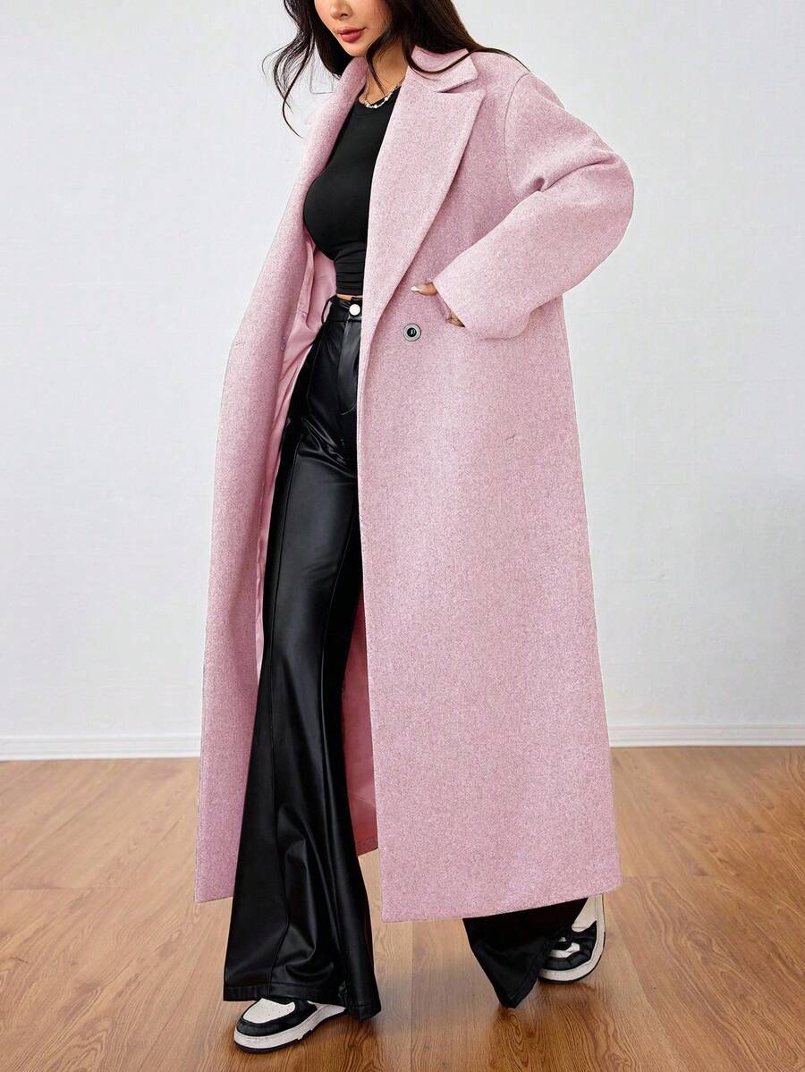 SHEIN Unity Casual Lapel Long Overcoat - Pink - View 1