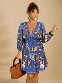 Travachic Plus Size Vintage Style Printed Deep V-Neck Long Sleeve Dress - Blue - View 6