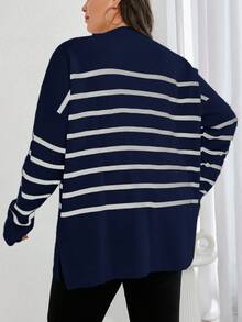 EURMUSE Suéter de hombros caídos con estampado de rayas - Azul Marino - Ver 2
