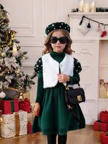 Elladie kids 3pcs/Set Elegant Stylish Young Girls Outfit, Includes Furry Vest, Velvet Pearl Embellished Turtleneck Dress, And Hat, Suitable For Parties, Christmas And Other Occasions, Autumn/Winter Fall Princess Halloween/Christmas Party Dresses For Vacation Autumn And Winter - Green - View 3