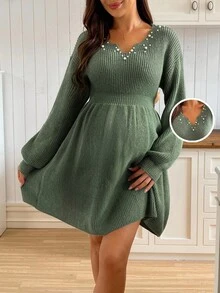 SHEIN 珍珠装饰休闲长袖收腰孕妇毛衣裙 - 墨綠色 - 查看 1