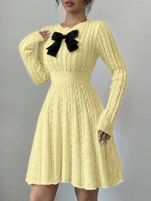 Elenzga 女式优雅蝴蝶结装饰粗针织毛衣裙，秋冬 - 淡黃色 - 查看 6