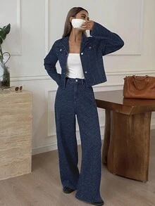 DAZY 女式西部牛仔破洞水洗宽松翻领长袖牛仔外套和直筒裤休闲街头秋冬牛仔套装 - 藍色 - 查看 5