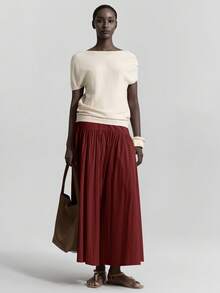 Ontre 2026春夏新款高腰及踝女式半身裙，褶裥设计，现代优雅浪漫休闲风，适合办公室、婚礼宾客、海滩、音乐会、派对等场合。 - 酒紅色 - 查看 7