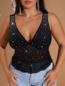 SHEIN BAE Damen Große Größen Clubwear Trägerhemd mit Strass Verzierung, Frühherbst