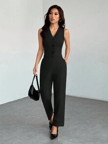 SHEIN PETITE 秋冬季休闲无袖开襟马甲长裤两件套，商务休闲女装