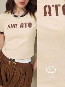 Women's Yellow Contrast Trim Brown Letter Print Round Neck Short Sleeve T-Shirt, Summer Apparel - Light Yellow - View 6