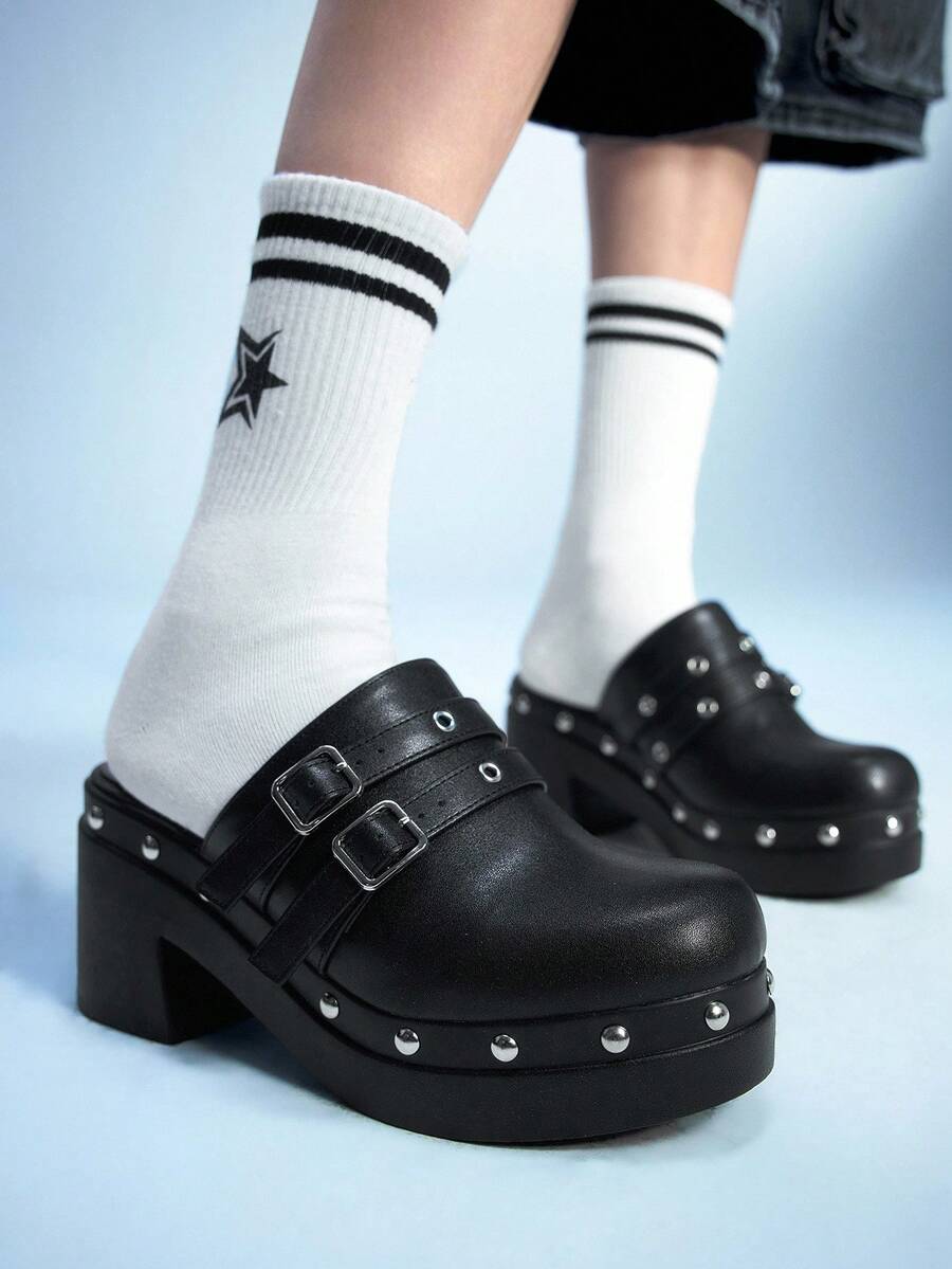 Sugerpunk 女士复古扣带高跟凉鞋，时尚休闲粗跟穆勒鞋 - 黑色 - 查看 1