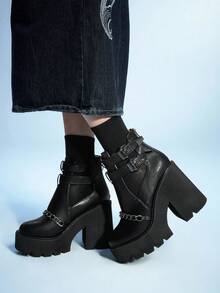 Sugerpunk Giày bốt cổ ngắn kiểu Gothic cổ điển gợi cảm khoét rỗng, gót chunky, kiểu punk, dây xích vàng khóa đôi, bốt cao gót đế dày chống thấm nước dành cho nữ. - màu đen - Xem 4