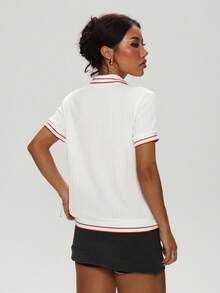 Dewbera Áo thun polo thể thao nữ cổ polo viền sọc tương phản, cài nút, vải jacquard, thích hợp mặc thường ngày, chạy bộ, yoga, tập gym, tennis, golf - trắng - Xem 3