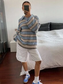 Livesso 女式休闲条纹纽扣长袖毛衣 - 藍色 - 查看 3