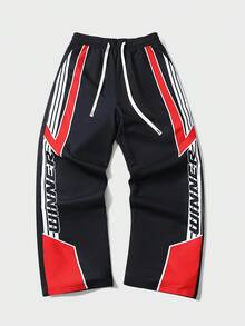 ROMWE MEN Prep Unisex Straight Leg Woven Pants With American English Graphic Print - Black - View 5