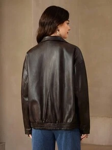 Wildy Chaqueta de cuero tejido de color café para mujeres en otoño/invierno - Marrón - Ver 2