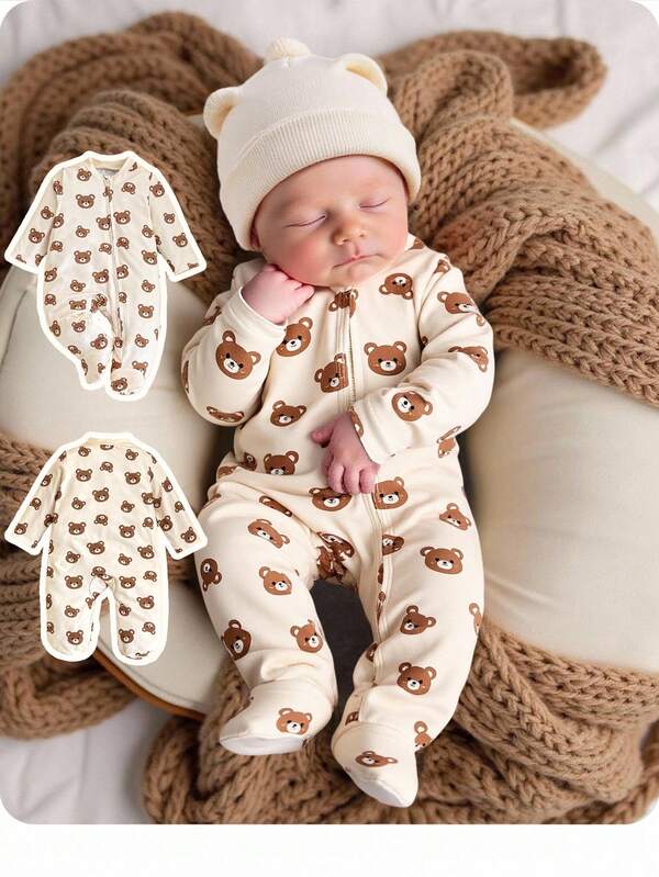 SHEIN Niedliches Neugeborenen Baby Mädchen Lässig Cartoon Muster Strick Langarm Schlafanzug
