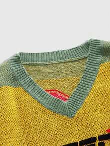 ROMWE MEN Prep Men's Contrast Color V-Neck Long Sleeve Knit Sweater, Fall Winter - Yellow - View 3