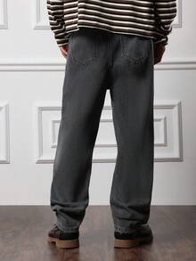 SUMWON 直筒宽松版型经典牛仔裤，带实用口袋，休闲日常，复古水洗，高级舒适 - 黑色 - 查看 2