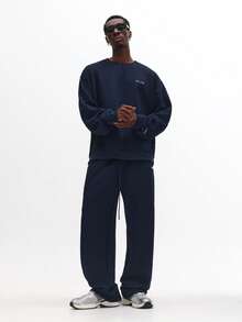 SUMWON 纹理冬季卫衣慢跑套装 绗缝图案 圆领长袖家居服 秋季休闲抽绳裤套装 街头风宽松舒适纯色 - 寶藍色 - 查看 1