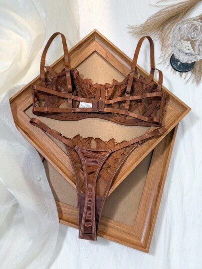 Leaf Geborduurde Mesh Doorschijnende BH String Set, Verleidelijke Lingerie Boobless Set Butterfly Underwire Bruin Kanten view 2
