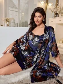 LuxeNights 女士印花缎面吊带睡裙睡袍套装，秋冬服装 - 黑色 - 查看 3