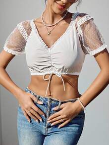 SHEIN LUNE Contrast Lace Trim Asymmetrical Hem Crop Shirt For Women, Milky White, Dirndl - White - View 3