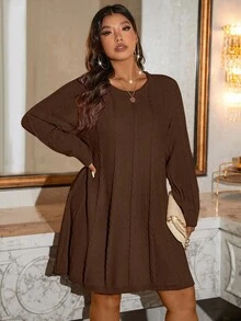 SHEIN LUNE Plus Size Solid Color Knit Casual Dress, Autumn/Winter - Brown - View 6