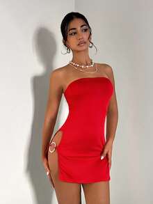 EgrlEra 女士时尚性感开衩紧身连衣裙新年衣服迷你短款女装