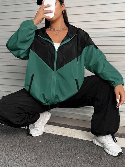 SHEIN EZwear 大码拼色抽绳连帽黑绿夹克 冬季秋季