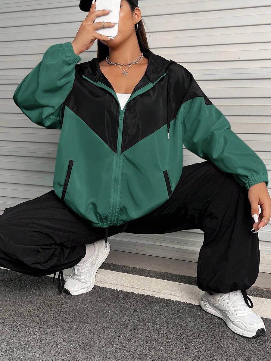 SHEIN EZwear Plus Size Color Block Drawstring Hooded Black & Green Jacket Winter Fall Autumn - Multicolor - View 1