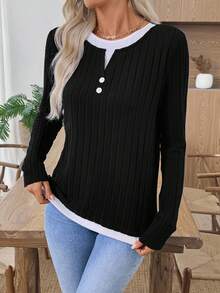 EMERY ROSE Women's Contrast Trim Button Casual Long Sleeve T-Shirt,Black Top - Black - View 6