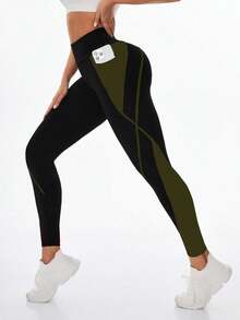SHEIN Sports 女式高腰弹力撞色手机口袋紧身裤 - 彩色 - 查看 6